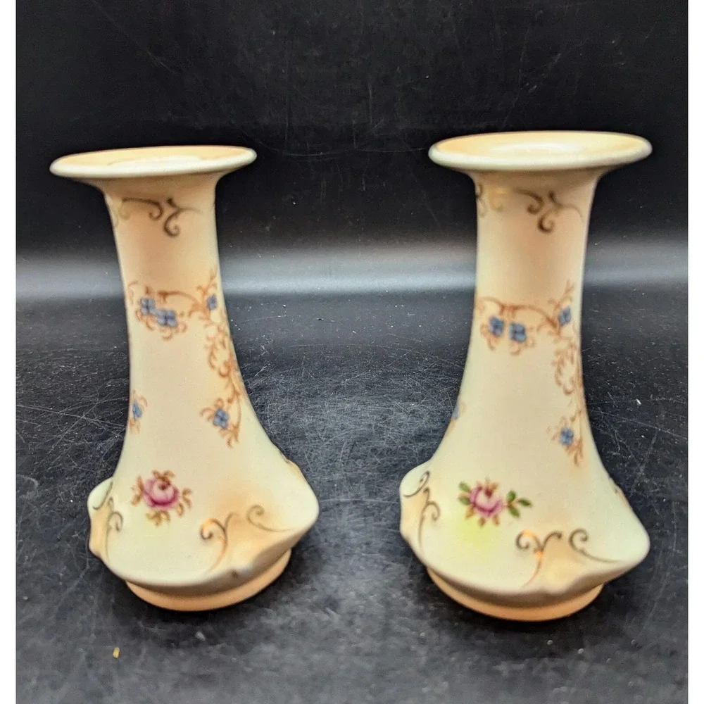Antique Set/2 Crown Ducal Transferware Candle Sticks Flower Floral 5.5